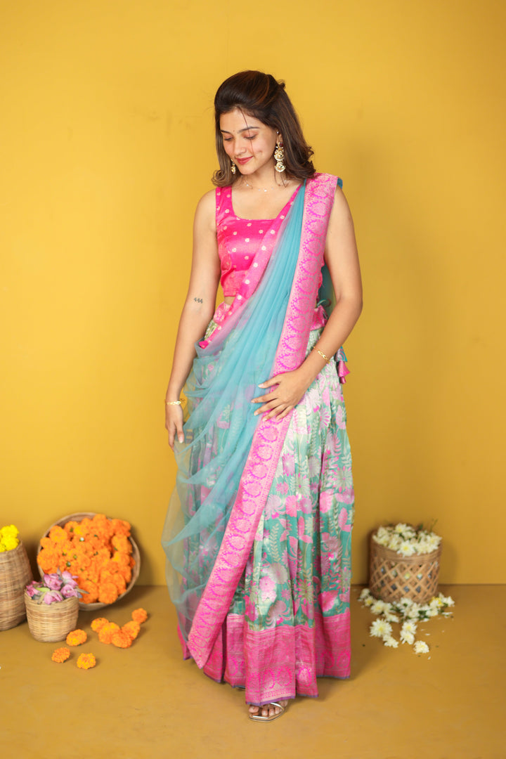 Tissue Urvi Pink & Teal Skirt, crop Top and Dupatta 3 piece set | Made To Order