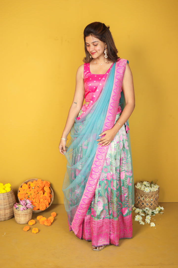 Tissue Urvi Pink & Teal Skirt, crop Top and Dupatta 3 piece set | Made To Order