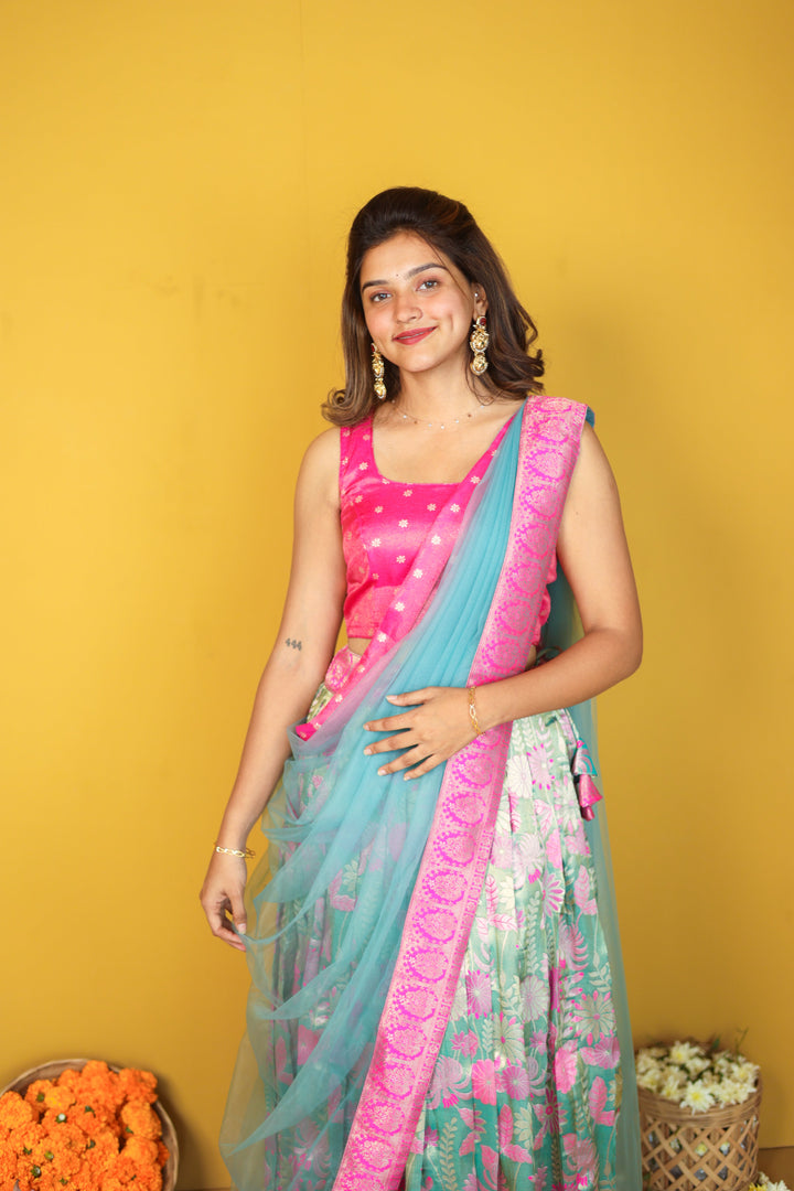 Tissue Urvi Pink & Teal Skirt, crop Top and Dupatta 3 piece set | Made To Order