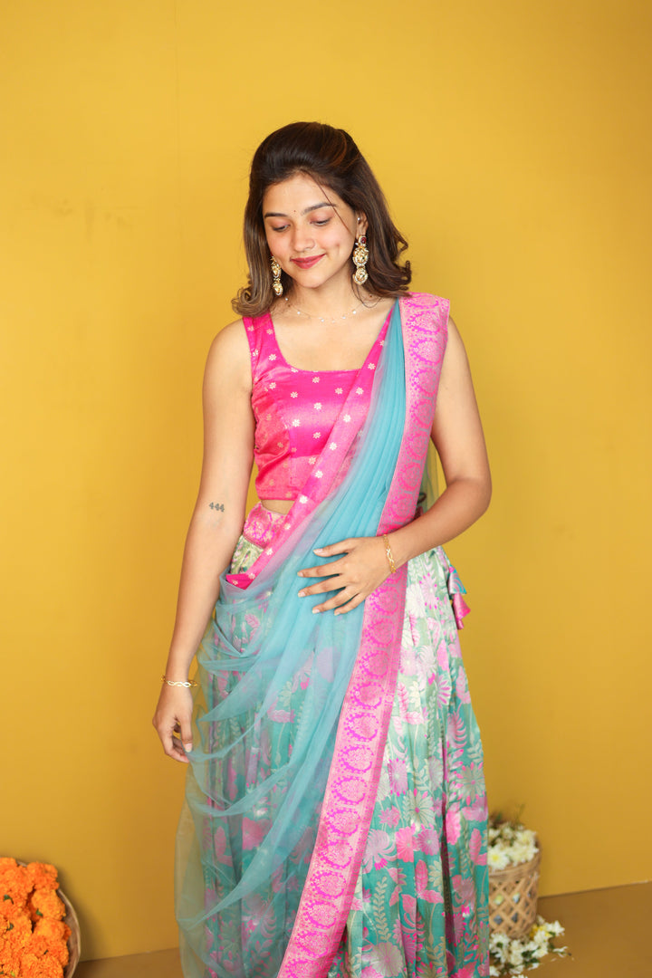Tissue Urvi Pink & Teal Skirt, crop Top and Dupatta 3 piece set | Made To Order