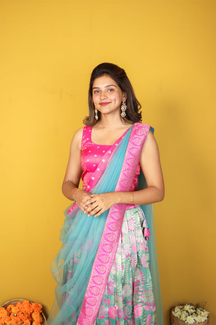 Tissue Urvi Pink & Teal Skirt, crop Top and Dupatta 3 piece set | Made To Order