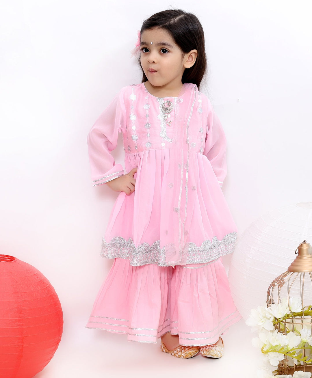 Pink Embroidery Kurta Set with Sharara | SHOBITAM