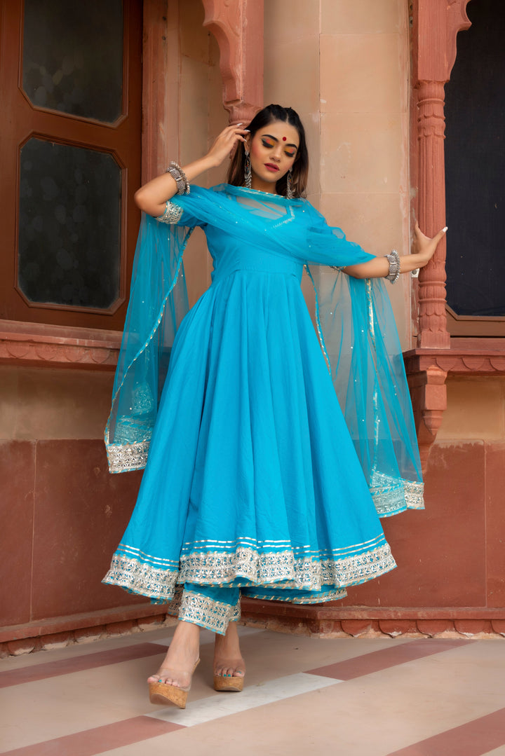 KALAMKARI BLUE PURE COTTON ANARKALI SET | SHOBITAM