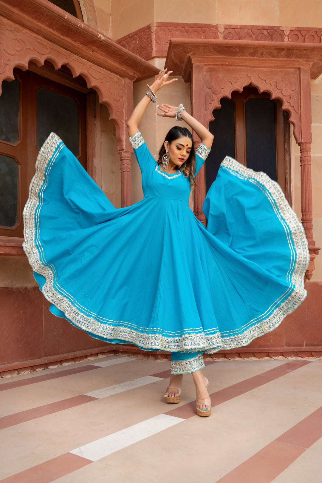 KALAMKARI BLUE PURE COTTON ANARKALI SET | SHOBITAM