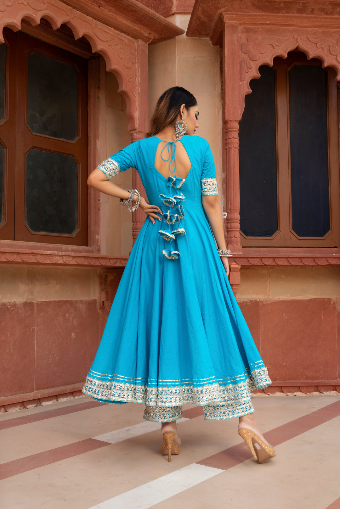 KALAMKARI BLUE PURE COTTON ANARKALI SET | SHOBITAM