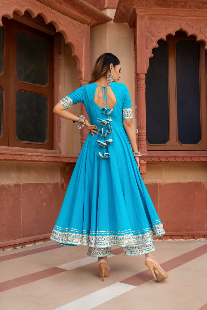 KALAMKARI BLUE PURE COTTON ANARKALI SET | SHOBITAM