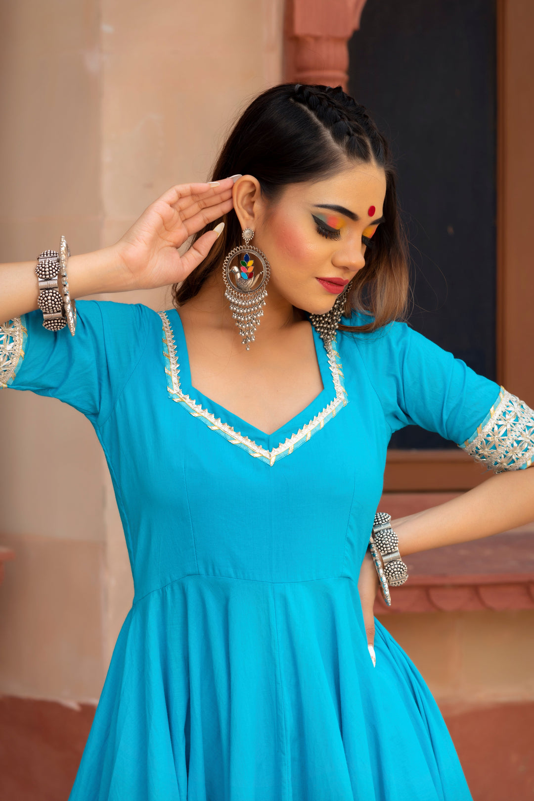 KALAMKARI BLUE PURE COTTON ANARKALI SET | SHOBITAM
