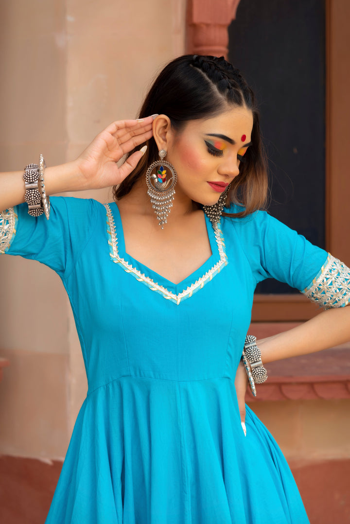 KALAMKARI BLUE PURE COTTON ANARKALI SET | SHOBITAM