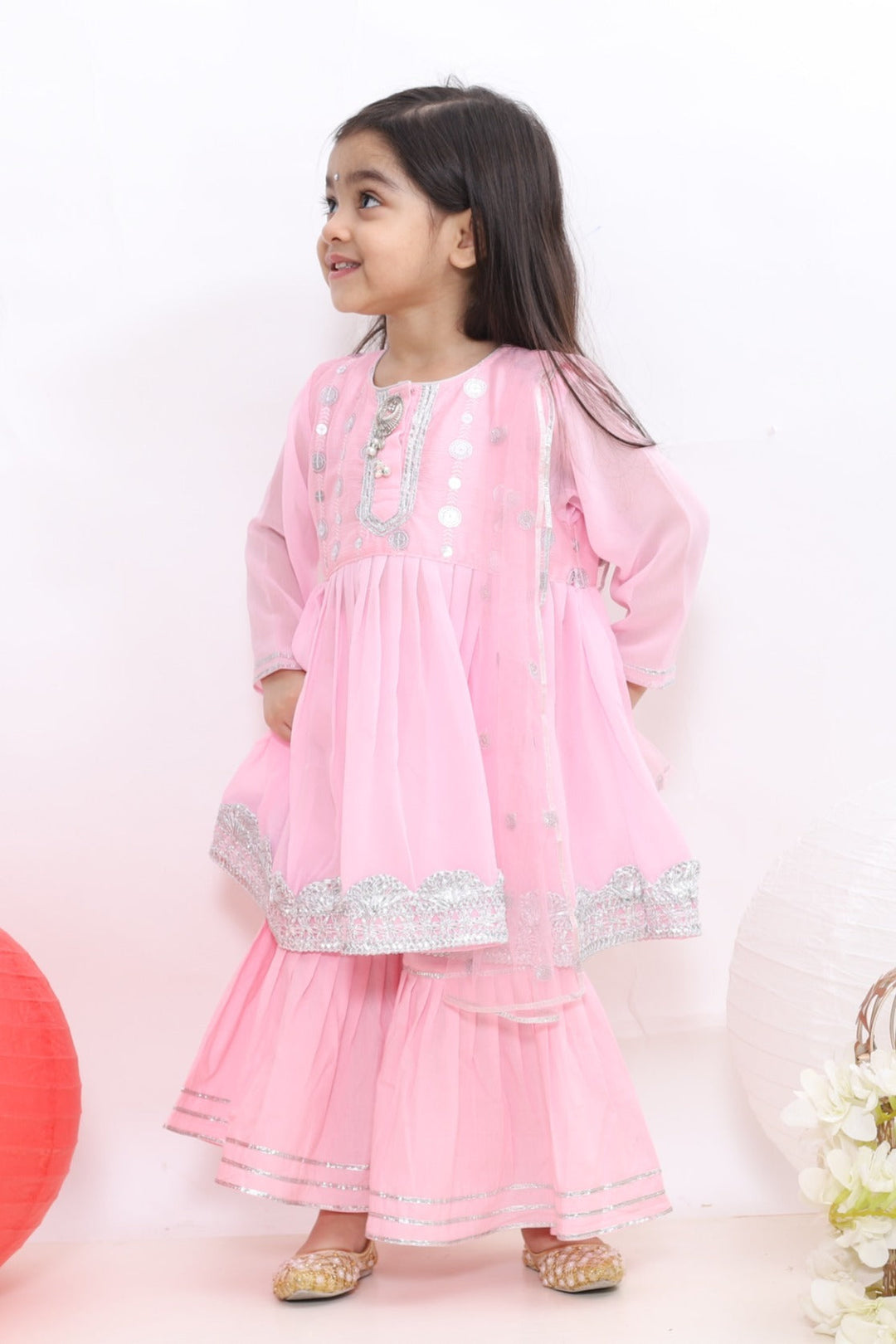 Pink Embroidery Kurta Set with Sharara | SHOBITAM