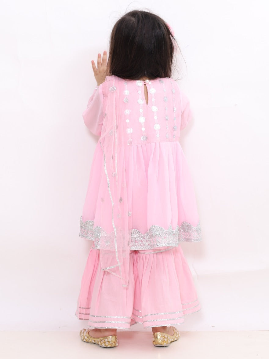 Pink Embroidery Kurta Set with Sharara | SHOBITAM
