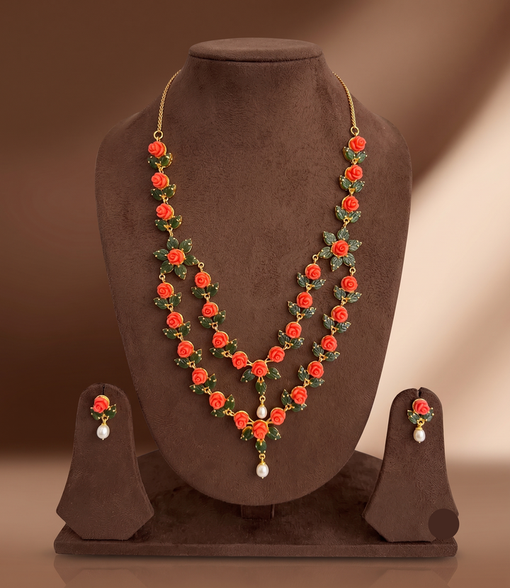 Coral Rose Elegance Two Line Necklace Set | SHOBITAM