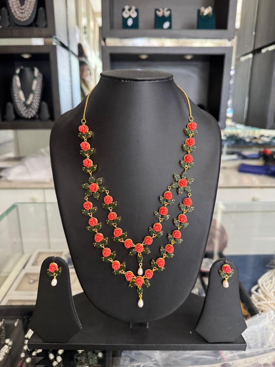 Coral Rose Elegance Two Line Necklace Set | SHOBITAM