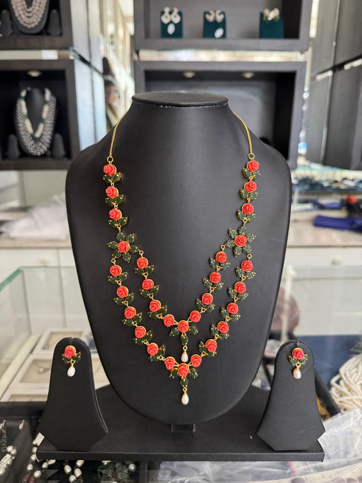 Coral Rose Elegance Two Line Necklace Set | SHOBITAM