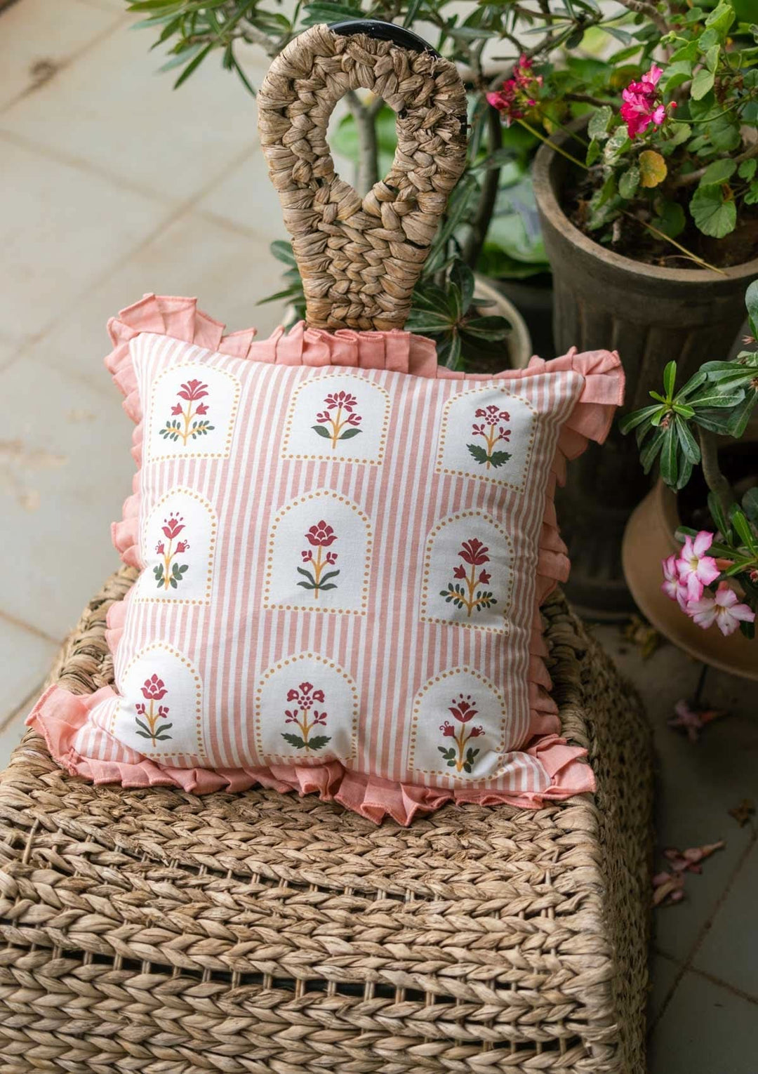 Persian Floral 100% Cotton Cushion Cover for Sofa - Blush Pink 16 x 16