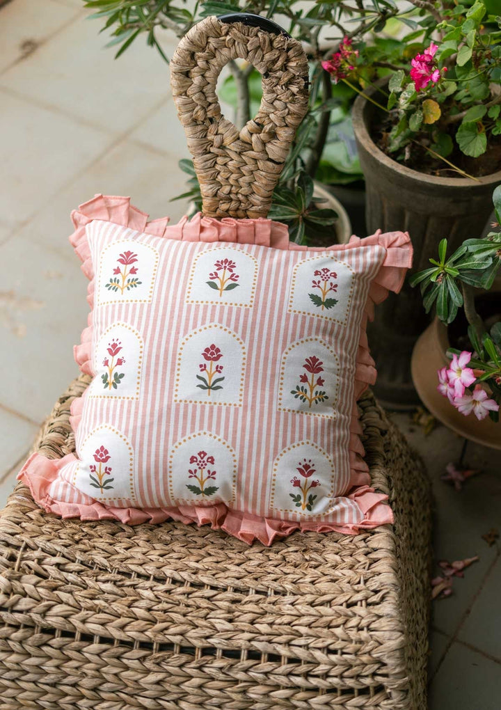 Courtyard Blush Pink Geometric Floral Cushion Cover for Sofa – 100% Cotton 16" x 16" | SHOBITAM