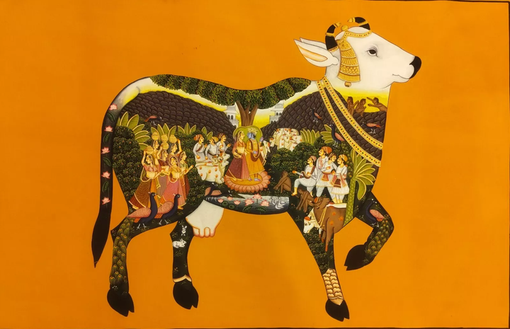 2x3 feet Authentic Jaipur Painting The Divine Kamadhenu: Krishna Leela Within  | SHOBITAM