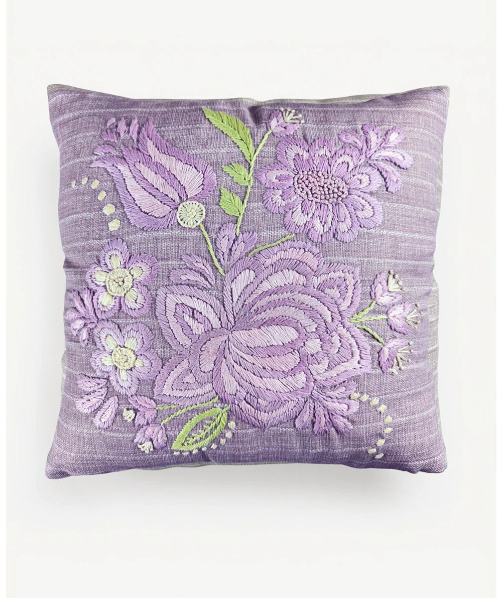 Lilac Floral Hand Embroidered Cushion Cover (16x16 Inches) | SHOBITAM