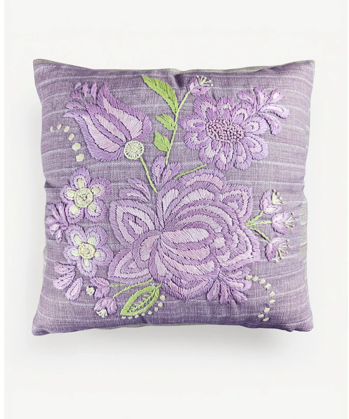 Lilac Floral Hand Embroidered Cushion Cover (16x16 Inches) | SHOBITAM