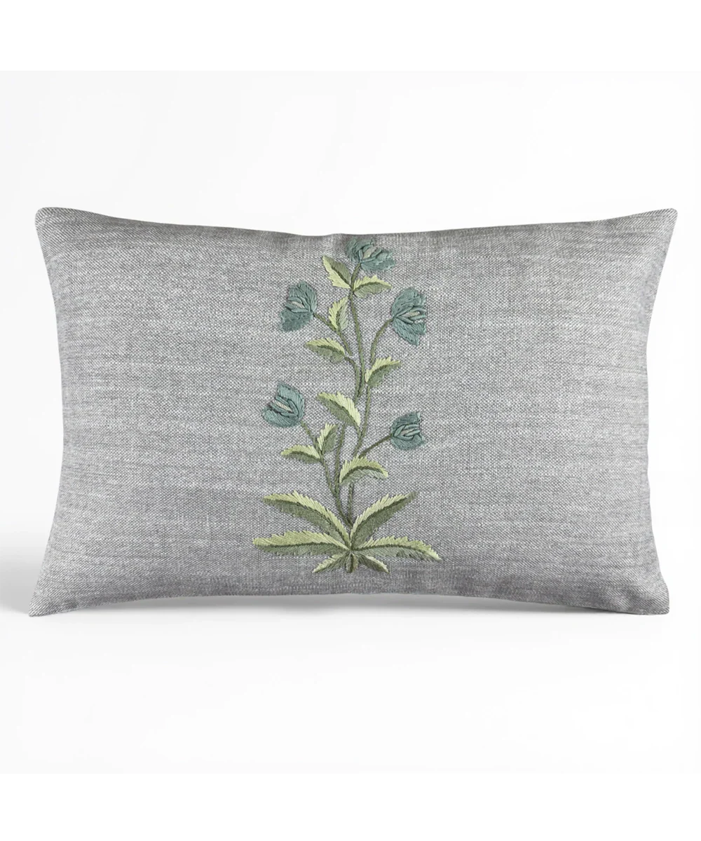 Heather Grey Floral Hand Embroidered Cushion Cover (12x18 Inches) | SHOBITAM