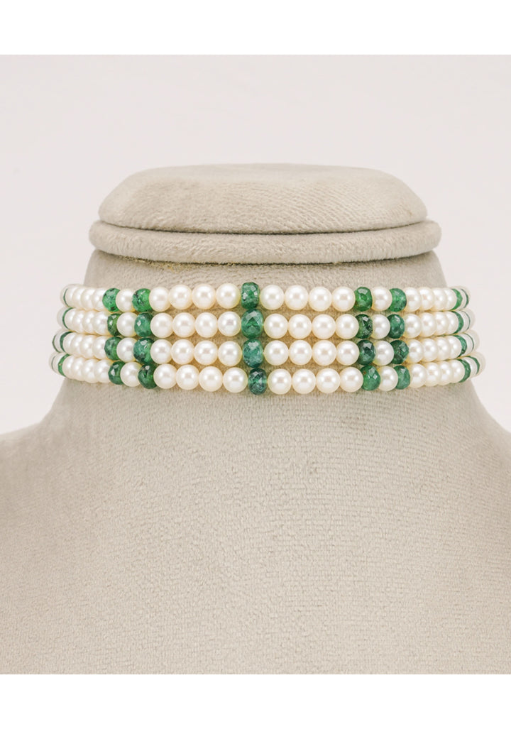 Enchanting Elegance: Pearls and faceted Emerald Four Strand Choker and Stud Set