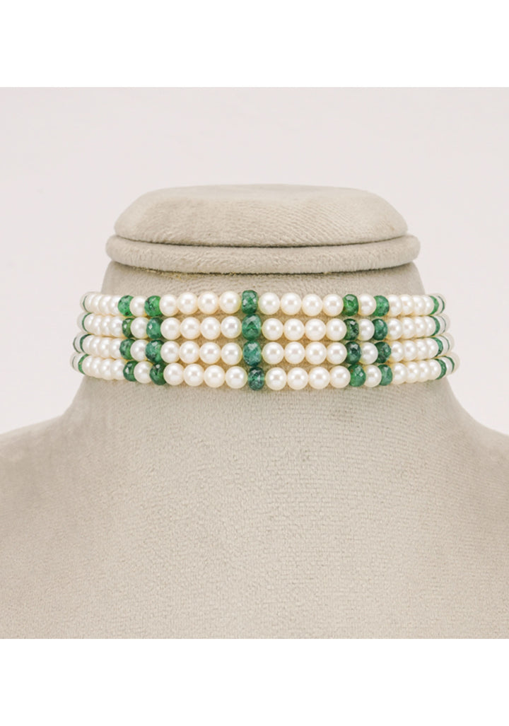 Enchanting Elegance: Pearls and faceted Emerald Four Strand Choker and Stud Set