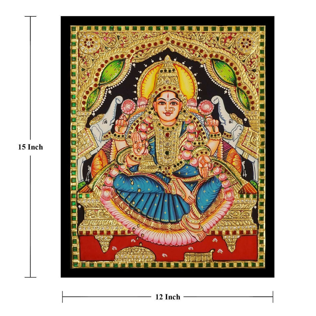 15*12 TANJORE PAINTING GAJA LAKSHMI Authentic With 22 Ct Gold Foil and Jaipur Gemstones,Unframed | SHOBITAM