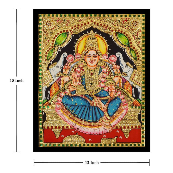 15*12 TANJORE PAINTING GAJA LAKSHMI Authentic With 22 Ct Gold Foil and Jaipur Gemstones,Unframed | SHOBITAM