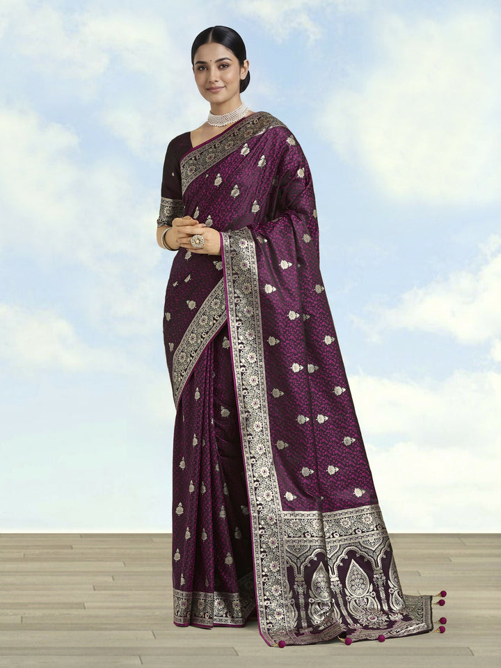 Wine Banarasi Satin Silk Saree | SHOBITAM