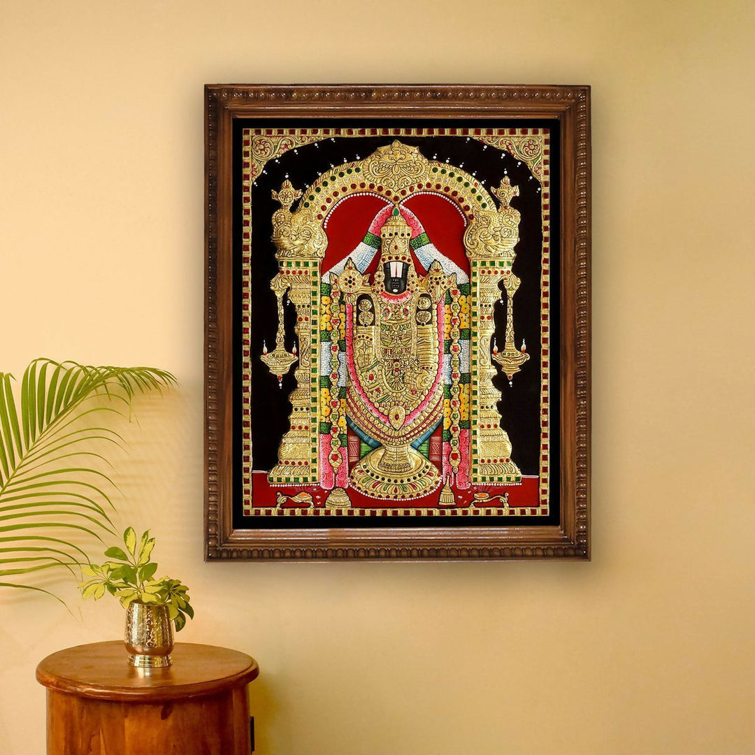 16*20 Authentic TANJORE PAINTING BALAJI Authentic With 22 Ct gold Foil and Jaipur Gemstones,Unframed | SHOBITAM