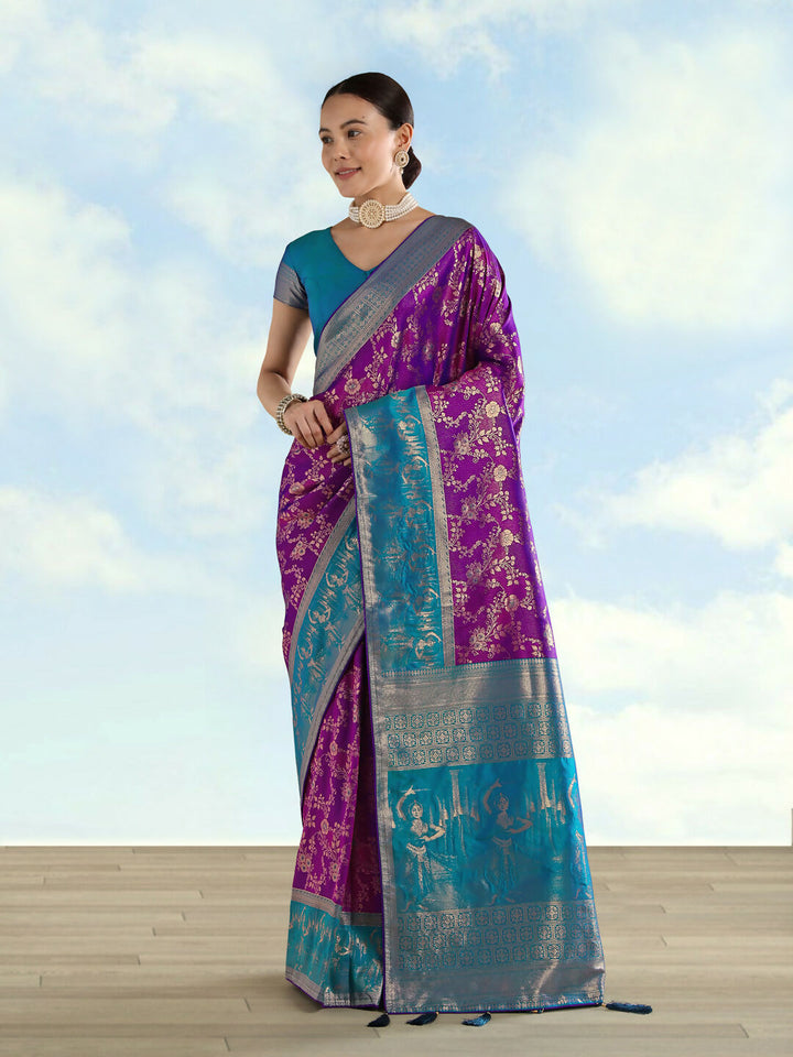 Purple Banarasi Semi Silk Saree With Zari Woven Design | SHOBITAM