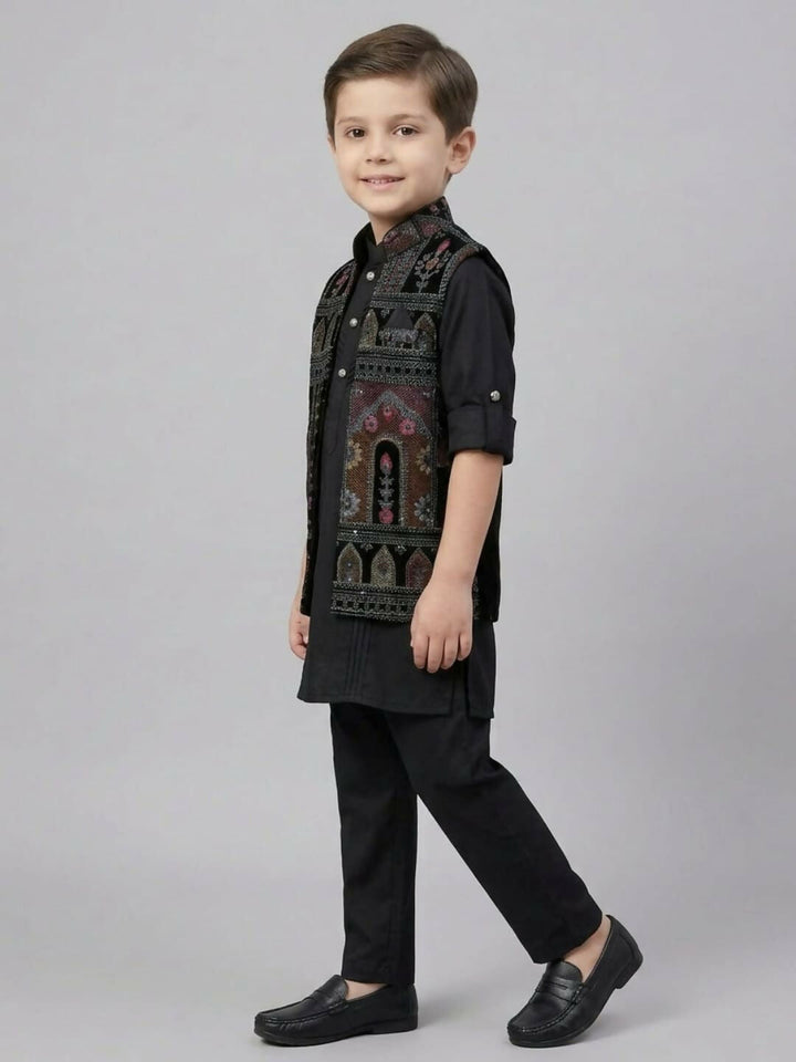 Boys Black Kurta Pajama Set with Printed Nehru Jacket | SHOBITAM