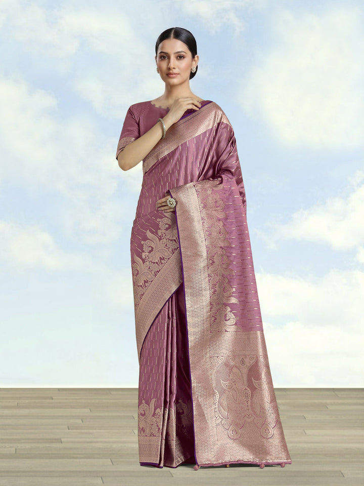 Dusty Rose Pink Weaving Banarasi Satin Silk Saree | SHOBITAM
