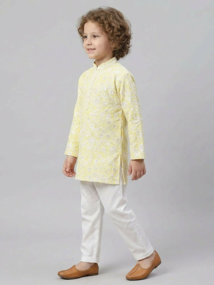 Boys Embroidered Light Yellow Kurta Pajama Set | SHOBITAM