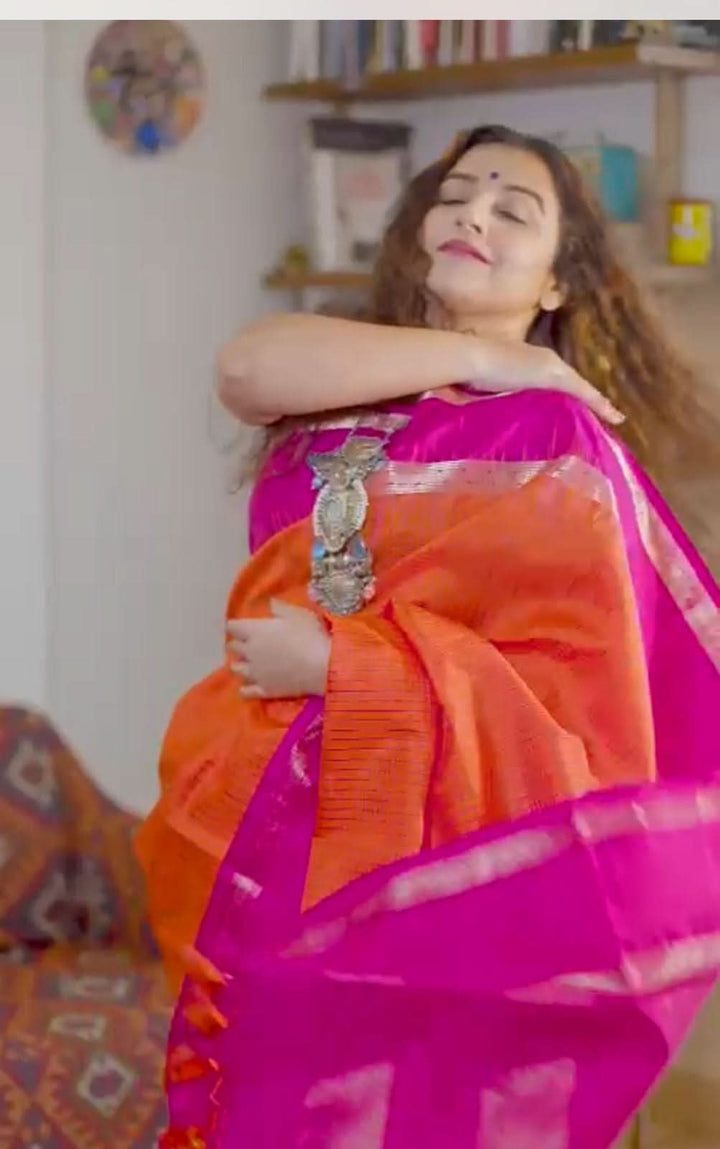 Stunning Fanta Orange Kanjivaram Soft Silk Saree with Checks and Magenta Borders | SILK MARK CERTIFIED