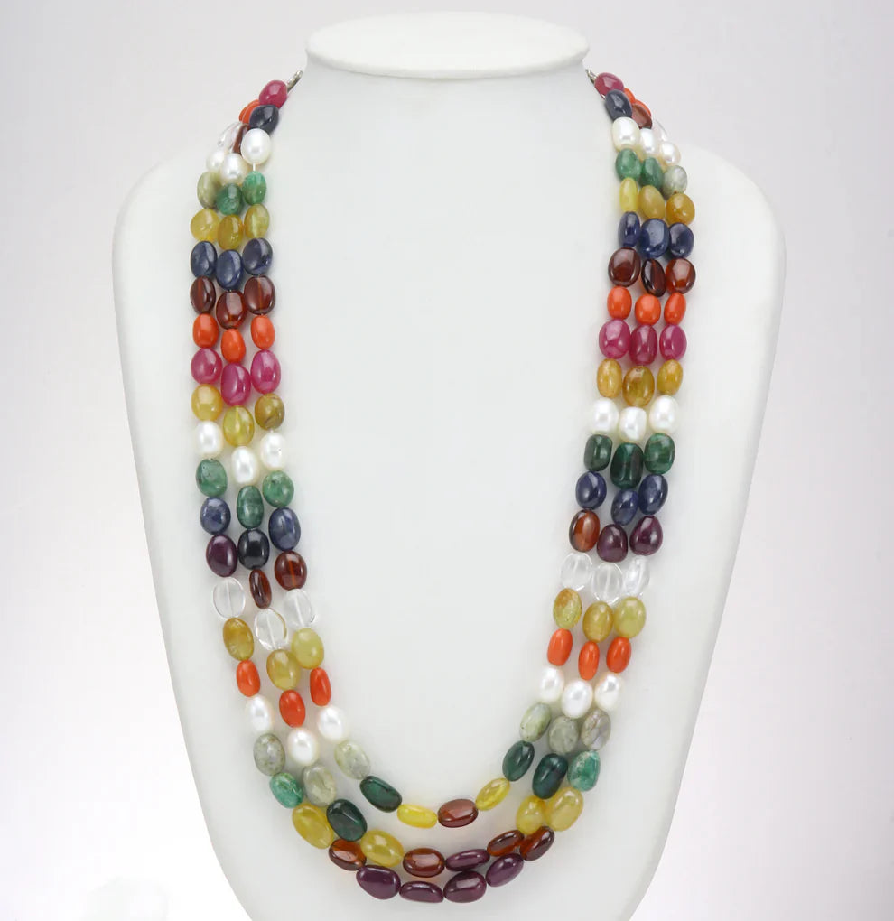 3 Strand Natural Navaratna Beads Necklace