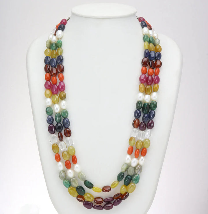 3 Strand Natural Navaratna Beads Necklace