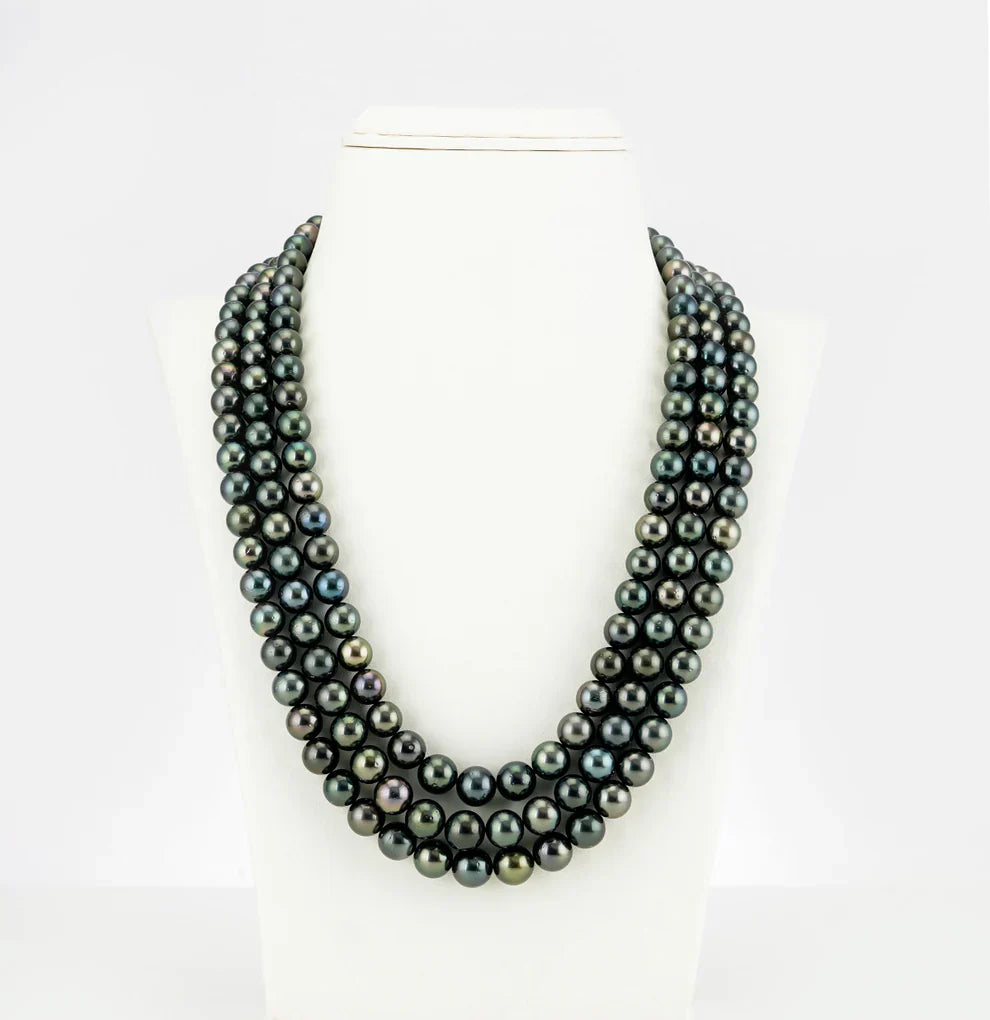 8.0-11.5mm Round Grading Black Tahitian Saltwater Pearl Necklace Set-AAA Quality