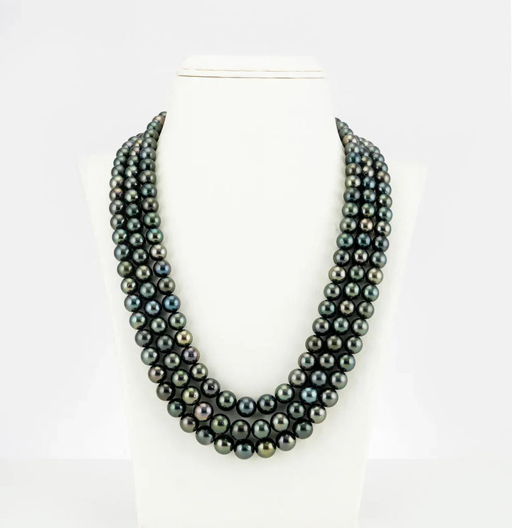 8.0-11.5mm Round Grading Black Tahitian Saltwater Pearl Necklace Set-AAA Quality