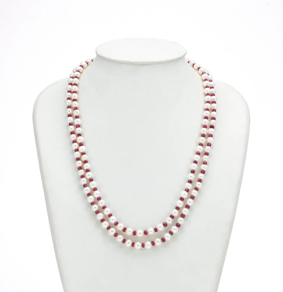 Natural Ruby And 6.0-7.0mm White Near Round Freshwater Pearl Necklace Set AA Quality