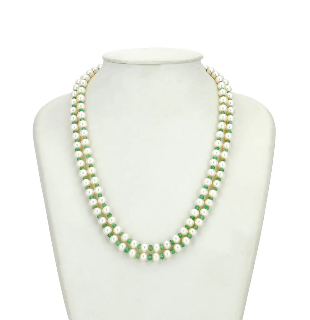 Natural Emerald With 6.0-7.0mm Near Round Freshwater Pearl Necklace Set-AA Quality
