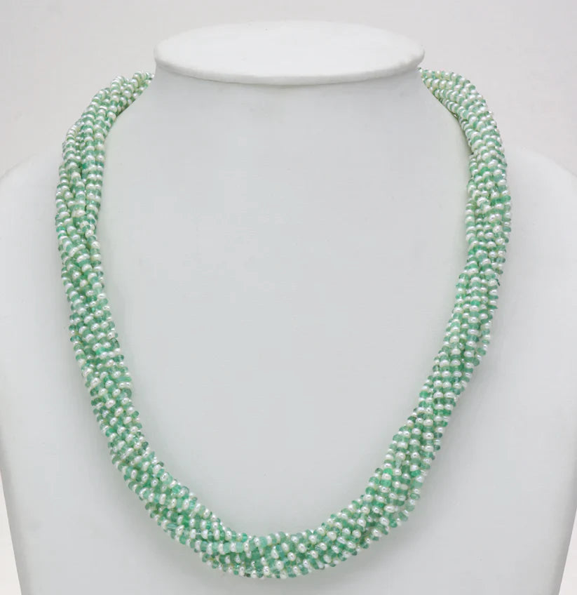 Natural Shaded Green Emerald And 1.0-2.0mm Seed Freshwater Pearls Necklace Set - AAA Quality