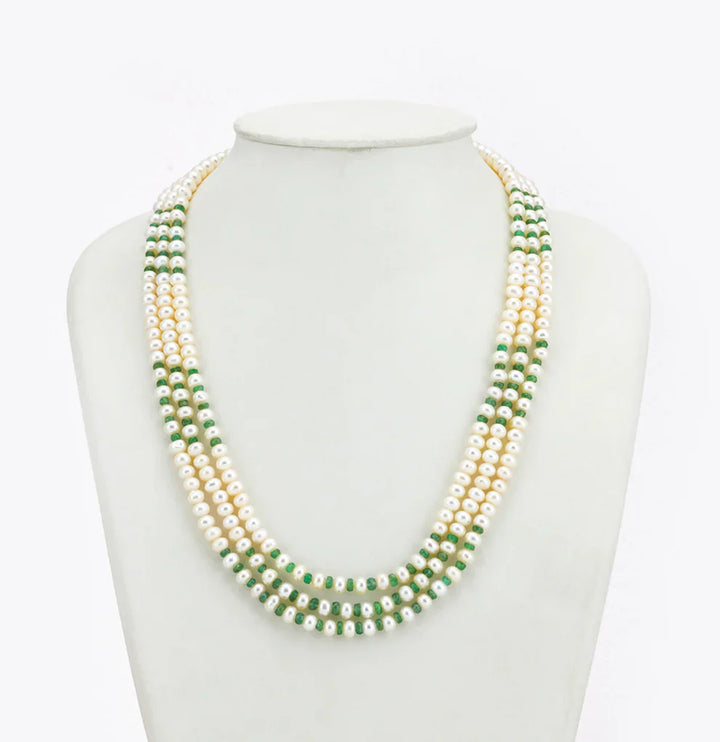 Natural Emerald And 5.0-6.0mm Button Freshwater Pearl Necklace Set - AA Quality