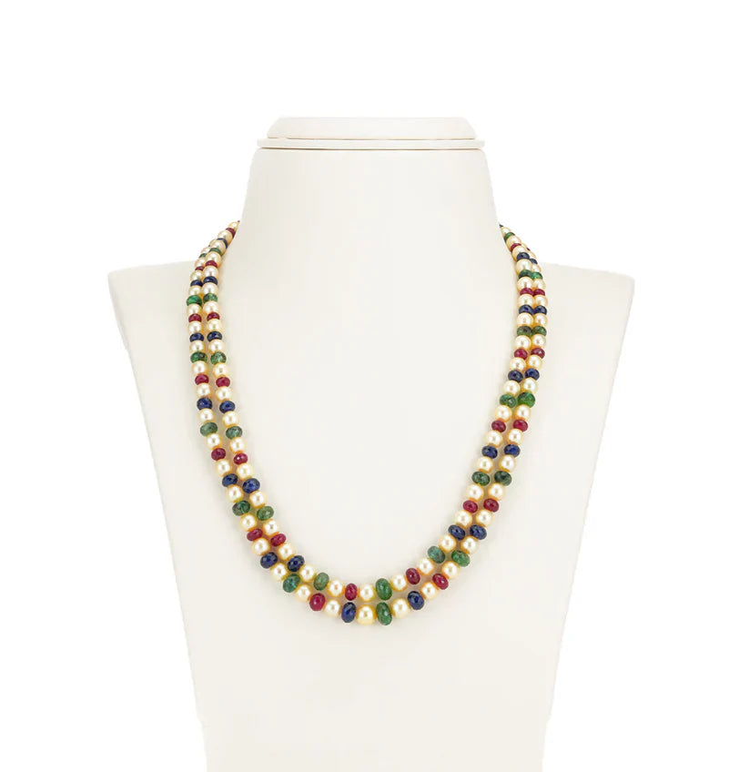 Natural Ruby & Emerald Beads and 6.0-7.0mm Golden Akoya Saltwater Pearls Necklace Set - A Quality | SHOBITAM