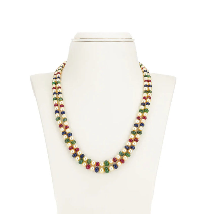 Natural Ruby & Emerald Beads and 6.0-7.0mm Golden Akoya Saltwater Pearls Necklace Set - A Quality | SHOBITAM