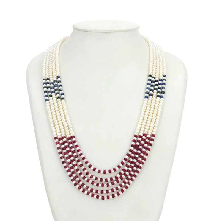 Natural Mix Ruby & Sapphire 3.0-4.0mm Button Freshwater Pearl Necklace Set - AAA Quality