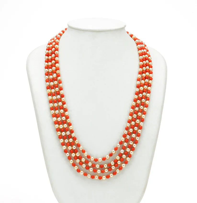 Natural Coral And 5.0-6.0mm Golden Saltwater Akoya Pearls Necklace Set-AAA Quality | SHOBITAM