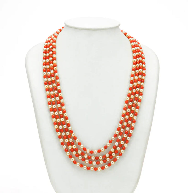 Natural Coral And 5.0-6.0mm Golden Saltwater Akoya Pearls Necklace Set-AAA Quality | SHOBITAM