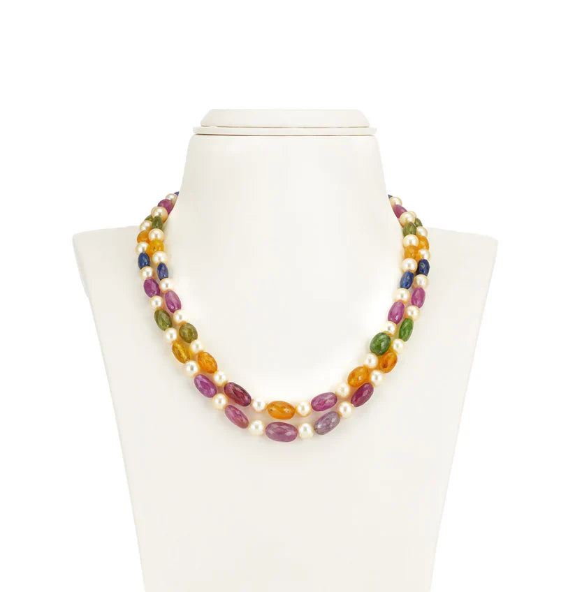 Natural Navaratan Beads and 7.0-8.0mm Cream South Sea Pearls Necklace Set - A Quality | SHOBITAM