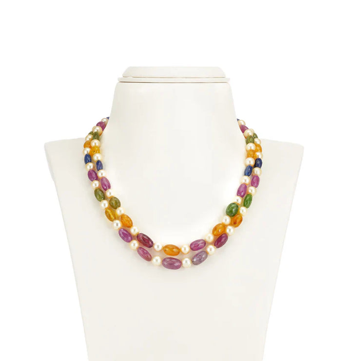 Natural Navaratan Beads and 7.0-8.0mm Cream South Sea Pearls Necklace Set - A Quality | SHOBITAM