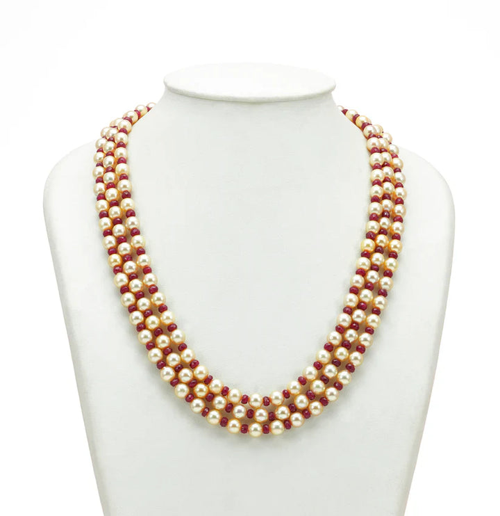 Natural Ruby And 6.0-7.0mm Golden Saltwater Akoya Pearls Necklace Set - A Quality | SHOBITAM